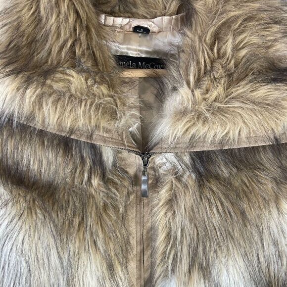 Pamela McCoy Brown/Tan/Cream Faux Fur Front Zip Side Slit Pocket Vest Sz M - Picture 3 of 8